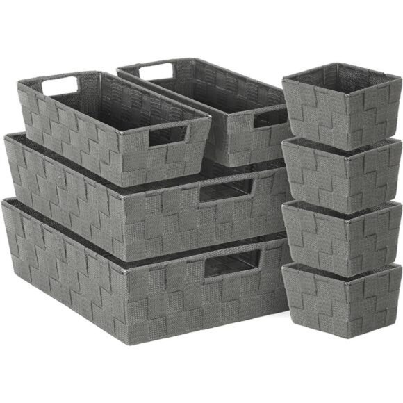 Woven Storage Baskets Set of 8 Grey Organizer Bins for Closet Shelf Office - Picture 1 of 8